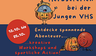Poster mit zwei illustrierrten Punkten, der rote Punkt schnitzt einem Kürbis ein Gesicht, der dunkelblaue Punkt trägt eine Kürbis-Verkleidung