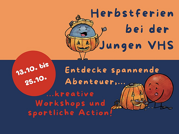 Poster mit zwei illustrierrten Punkten, der rote Punkt schnitzt einem Kürbis ein Gesicht, der dunkelblaue Punkt trägt eine Kürbis-Verkleidung
