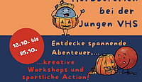 Poster mit zwei illustrierrten Punkten, der rote Punkt schnitzt einem Kürbis ein Gesicht, der dunkelblaue Punkt trägt eine Kürbis-Verkleidung