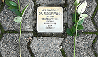 Ein Stolperstein neben dem zwei weiße Rosen zum Gedenken abgelegt wurden.
