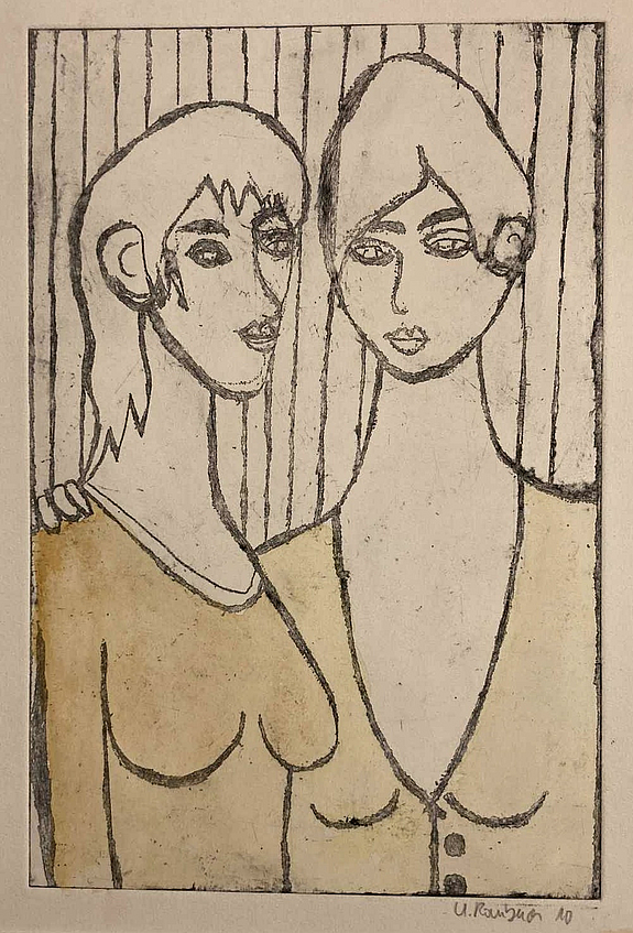 Foto einer colorierten radierung, das zwei einander zugewandte Frauen zeigt