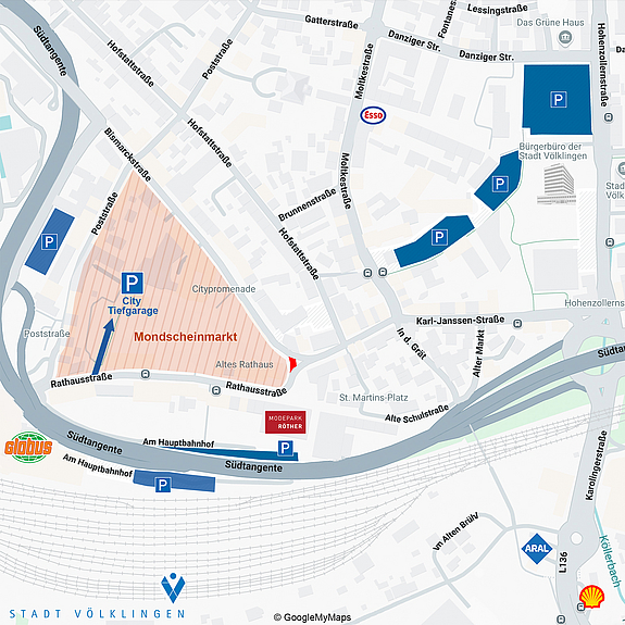 Kartenausschnitt der Völklinger Innenstadt, die Parkflächen sind hervorgehoben